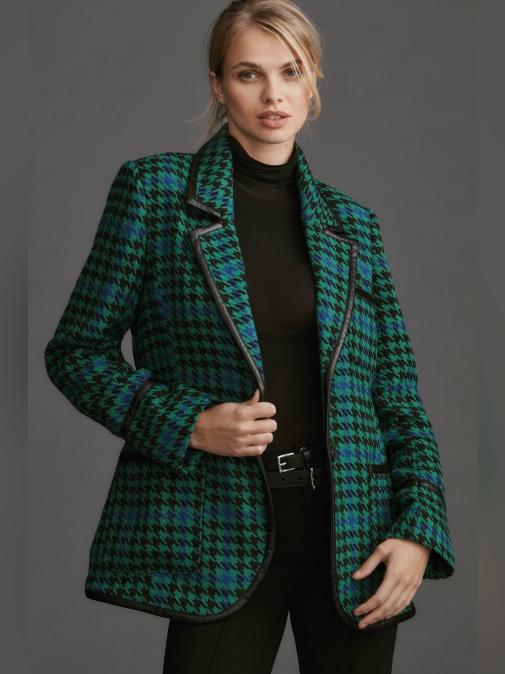 Avec Les Filles Blue and Green Houndstooth Blazer with Black Trim